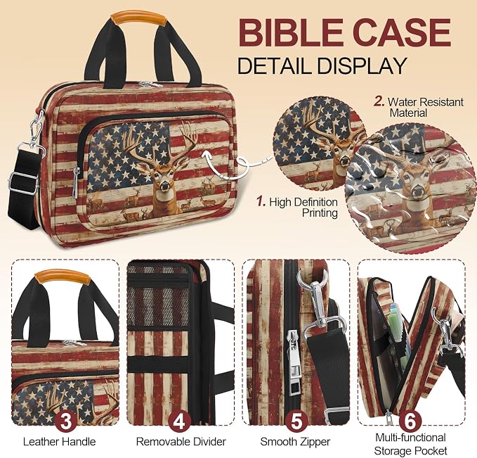 Vintage American Flag Deer Large Bible Bags for Women Men Organizer with Bible Cover Case, Bible Cover with Shoulder Strap & Pens & Highlighters & Cross Clip Study Kit for Bible Church,Christian Gifts