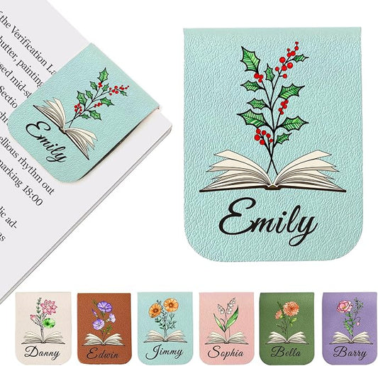 EDSG Personalized Magnetic Bookmarks, Leather Bookmark Clip with Birth Flower & Name, Custom Bookmarks for Book Lovers, Readers, Teacher, Book Mark for Women Men Christmas (Blue-Magnetic V1)