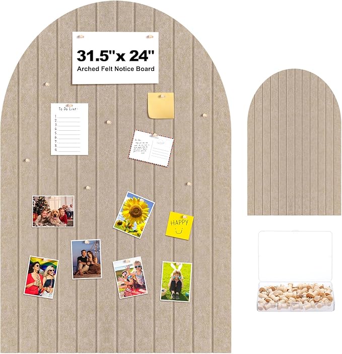 SmoothNovelty 31.5 X24 Inch Large Arch Felt Bulletin Board with 50 Wooden Pushpins Decorative Picture Framed Display Board Felt Tile Wall Organizer for School Home Office Boho Wall Decor(Dark Camel)