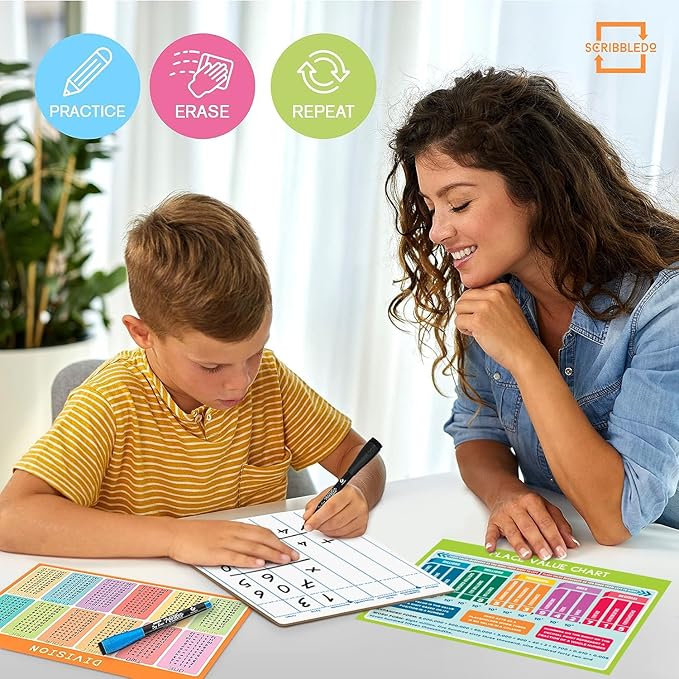 SCRIBBLEDO Dry Erase Division & Place Value White Board 9 x 12 Inch Whiteboard Double Sided Math Manipulatives Long Division Lapboards for Kids Students Classroom and Home