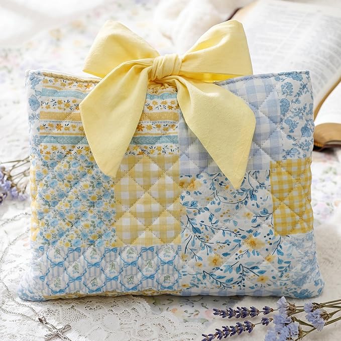 Honoson Quilted Bow Bible Sleeve Cover Case Padded Protector Washable Bible Bag Pouch Christian Gift for Women Girls Book Lover Gifts (Blue Yellow Patchwork)
