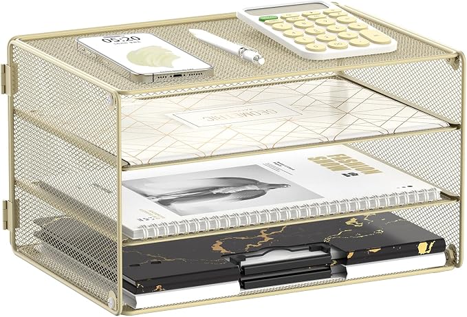 DALTACK 3 Tier Letter Tray Paper Organizer for Desk, Mesh Metal Desk File Organizer with Sliding Trays for Letter/A4 Paper, Mail, Bills & Folders, Yellow