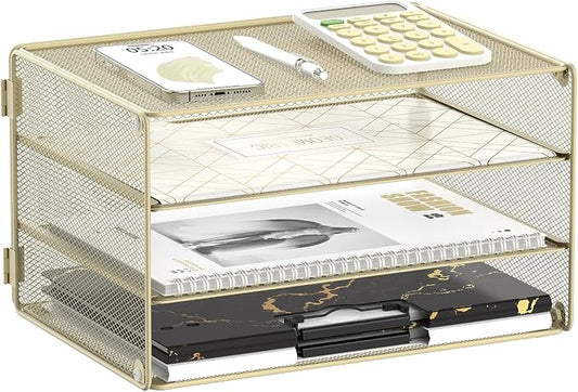 DALTACK 3 Tier Letter Tray Paper Organizer for Desk, Mesh Metal Desk File Organizer with Sliding Trays for Letter/A4 Paper, Mail, Bills & Folders, Yellow