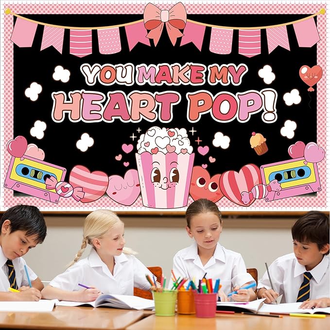Valentine's Day Bulletin Board Set You Make My Heart Pop Happy Valentine’s Day Classroom Decoration Candy Heart Bow Popcorn Poster Cutouts for Class School Home Office Chalkboard Wall Door Decor