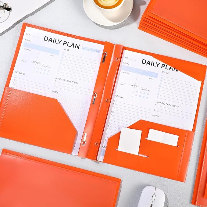 Tenceur 48 Pack Plastic Folders with 3 Prongs Bulk Heavy Duty Folders with Clear Front Pockets and Card Slots with Fasteners Fit Letter-Size Papers for Work School Office (Orange)