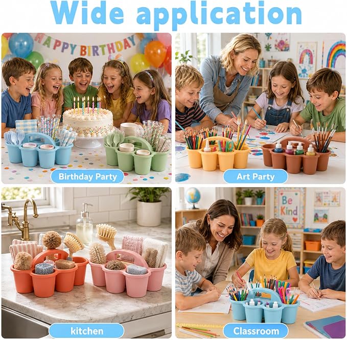 Plastic Caddy with Handle Set of 6 Classroom Caddy Organizer Cup Caddies Water Bottle Storage Crayon Caddies Plastic Cup Holder Drink Carrier for School Home Office Supplies(Groovy)