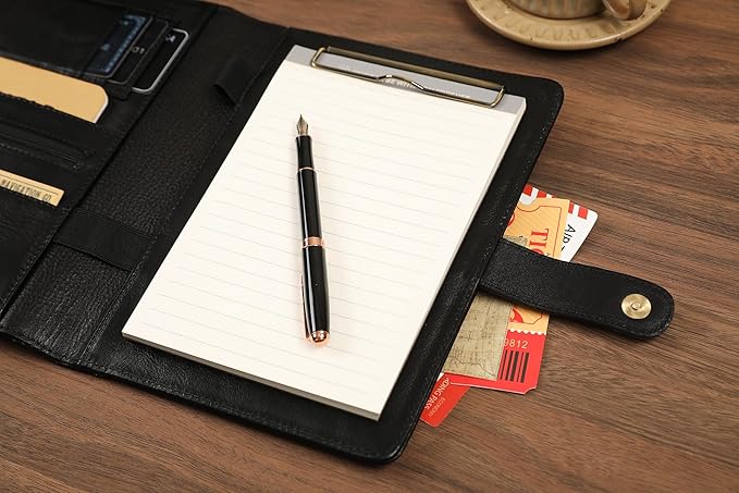 DUKE&COW Small Portfolio Binder with Clipboard - A5 Binder Padfolio for Men - Oil Black - Custom