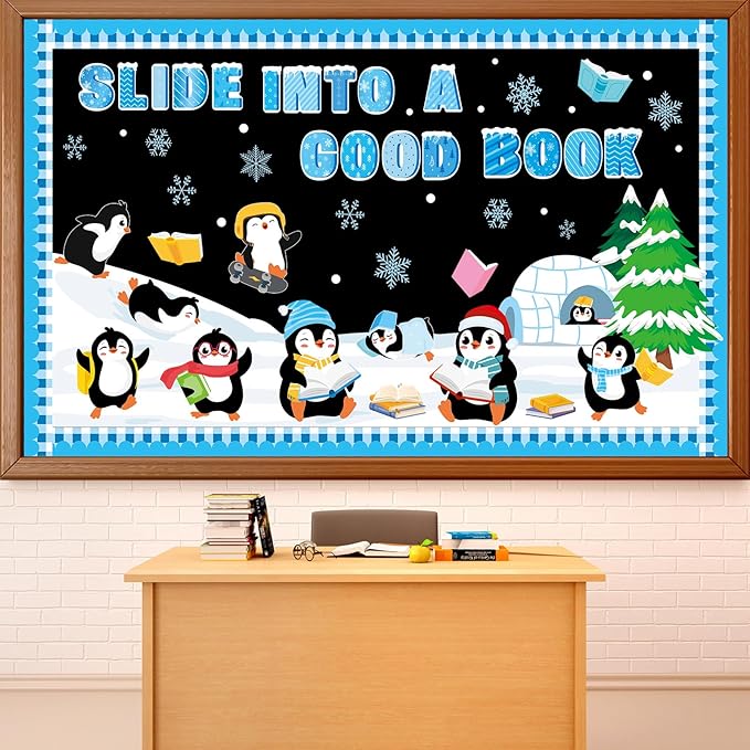 Winter Penguin Reading Bulletin Board Set Winter Christmas Library Classroom Decorations Books Snowflake Paper Cutout Blue Bulletin Board Border for Xmas Holiday School Wall Decor Teacher Supplies