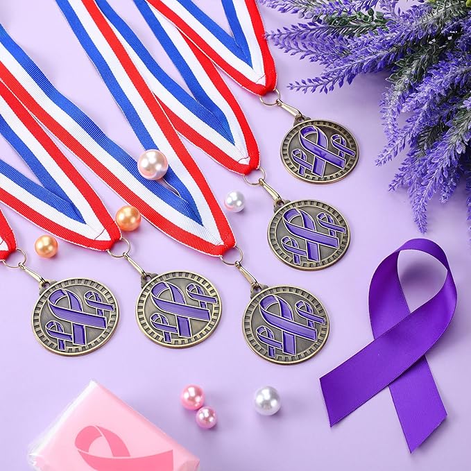 30 Pcs Ribbon Awareness Medals Breast Cancer Awareness Ribbon Gifts 2" Domestic Violence Trophy Medal with Neck Ribbons for Women Girl Charity Recognition, Survivor Movement(Purple)