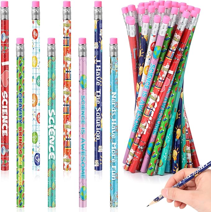 Nezyo 48 Pcs Science Pencils Bulk Lab Week Gifts 2026 Science Party Favors Cute Chemistry Pencils with Erasers and Motivational Sayings for Fun Scientist Theme Birthday Gifts Reward Teacher Supplies