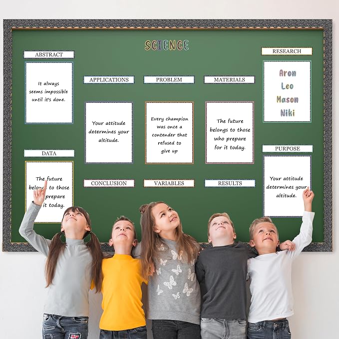 WATINC Composition Science Fair Board Supplies - 96Pcs Self Adhesive Science Fair Project Set with 8 Letter Sticker 10 Presentation Subtitles, Bulletin Border Poster Decor for School Classroom (Grey)