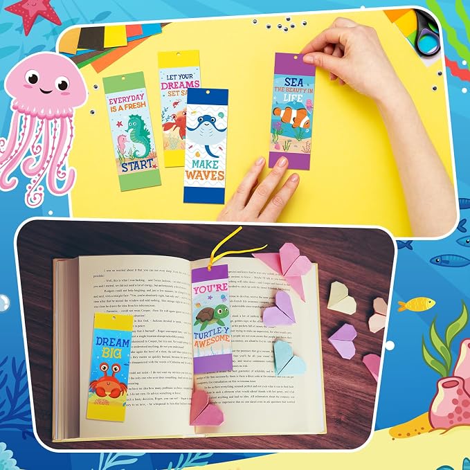 Jetec 80 Pcs Under The Sea Bookmark Inspirational Ocean Animals Fish Turtle Bookmark with Ribbon Motivational Sea Life Page Clips for Summer Classroom Back to School Gifts