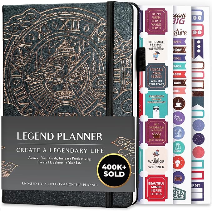 Legend Planner – Undated Weekly & Monthly Life Planner to Hit Your Goals & Live Happier, Organizer Notebook & Productivity Journal, A5 (Mystic Gray, Gold)