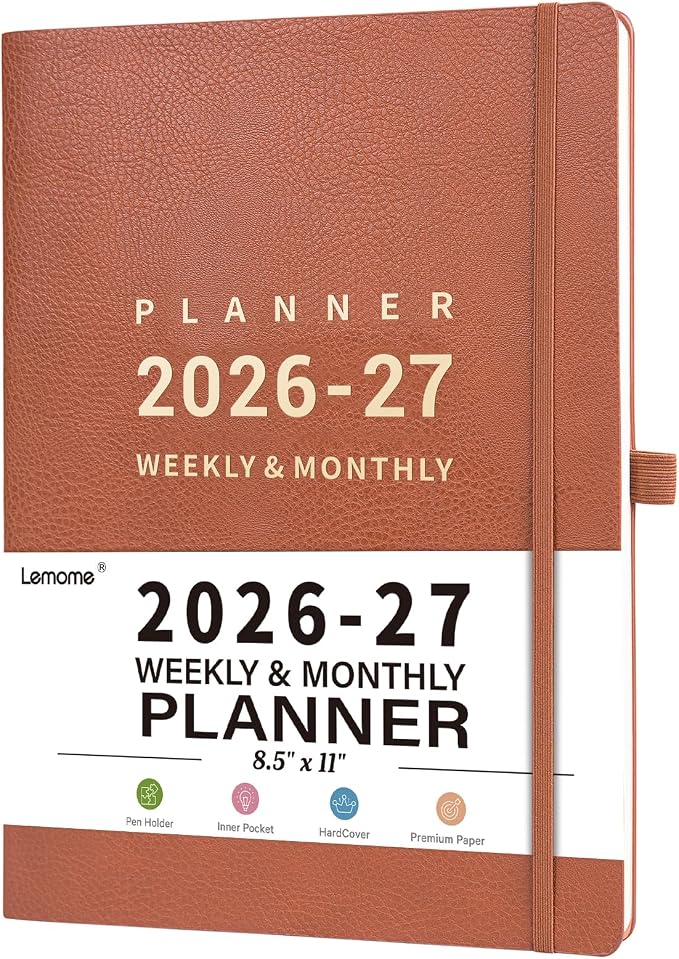 Planner 2026-2027 - 2026-2027 Planner Weekly and Monthly, 8.5" x 11", July 2026 - June 2027, Faux Leather Cover, Pen Holder, Pocket, 25 Notes Pages, A4 Premium Paper - Brown