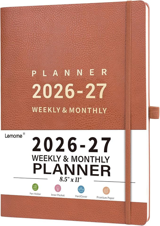 Planner 2026-2027 - 2026-2027 Planner Weekly and Monthly, 8.5" x 11", July 2026 - June 2027, Faux Leather Cover, Pen Holder, Pocket, 25 Notes Pages, A4 Premium Paper - Brown