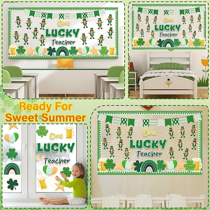 St. Patrick's Day Bulletin Board Classroom Decorations One Lucky Teacher Bulletin Board Set Gnome Shamrock DIY Photo Cutouts for School Nursery Class Door Wall Crafts Decor St. Patrick Party Supplies