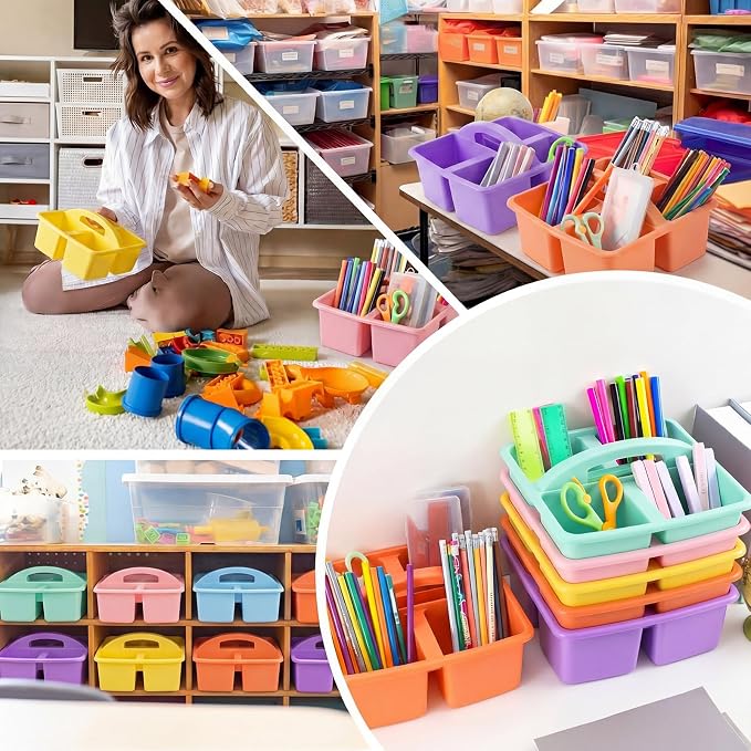 Lineshading 12 Pack Plastic Classroom Caddy - 4 Compartment Organizer Boho Color Table Caddy with Handles for School Home Office Supplies (Yellow,Green,Blue,Pink,Red,Orange)