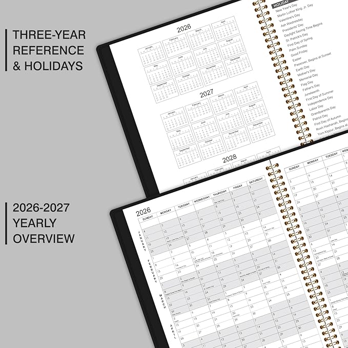 Monthly Planner 2026-2027 - Planner 2026-2027, Jul. 2026 - Dec.2027, 18 Monthly Planner with Colorful Tabs, 8.86" x 11.4", Saffiano Leather, Black Leather