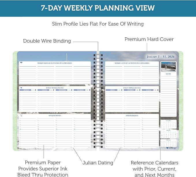 Planner Pad Spiral Bound January-December 2026/ Calendar Year 6 3/4" x 8 1/2" Medium 3-Tier Funnel Down 12 Month Organizer, Seasonal Color Ink