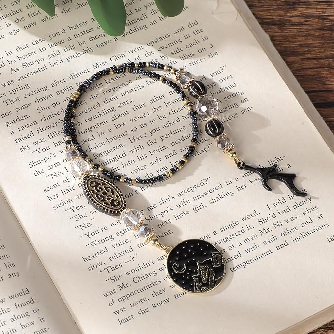 Crystal Moon Beaded Bookmark - Glass Seed Beads Fantasy Bookmark Gift for Women & Men, Black Chain Bookish Accessory for Readers and Book Lovers Students Teacher