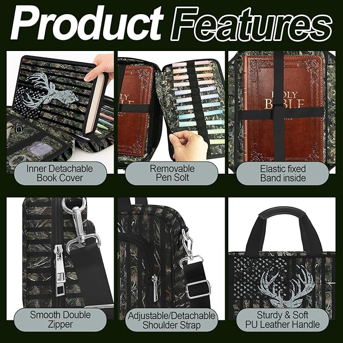 Camo Bible Case Covers, Large Bible Tote Bag Book Cover Study Supplies with Shoulder Strap Handle Zippered Pocket for Men Women (American Flag Deer)
