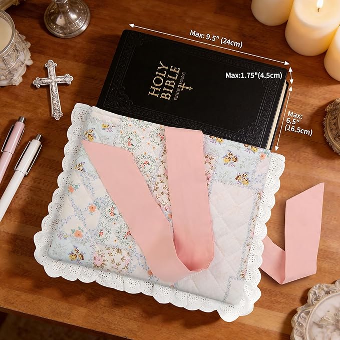 Vintage Spliced Floral Quilted Bible Cover for Women – Fits Standard Size Bibles Padded Protector Washable Cotton Case with Elegant Lace Trim & Bow Handle– Includes Interior Zipper Pocket