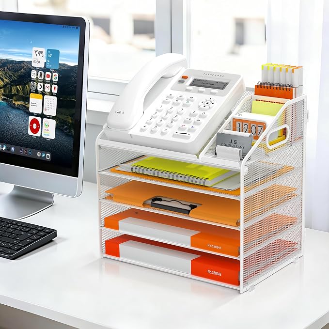 DocNest 5 Tier Metal Mesh Letter Tray - Space Saving Desk File Organizer with Handle, Pen Holder & Folder Holder - Desktop Document Sorter for Office, Home, School, Classroom - White