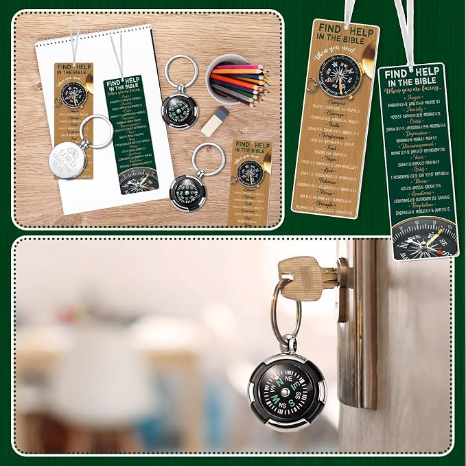 Kenning 12 Set Father's Day Christian Gift Bulk, Include 12 Religious Compass Key Tag 12 Bible Bookmark with Organza Bags Christian Gift for Men Bible Study Group Favors