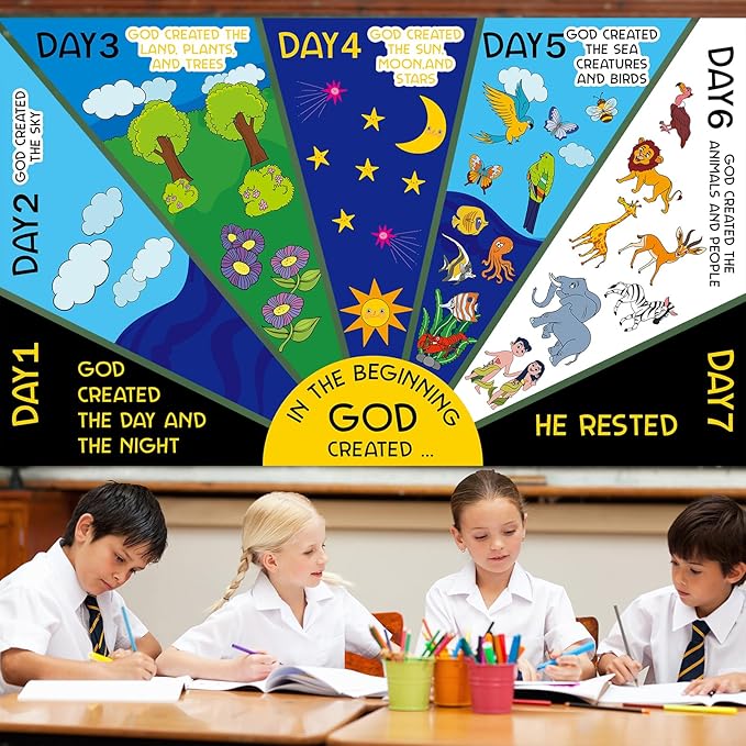 Christian Bulletin Board Set Religious Easter Classroom Decoration 7 Days of Creation Decor God Created The World Educational Paper Cutout for Church Back to School Chalkboard Nursery Teacher Supplies