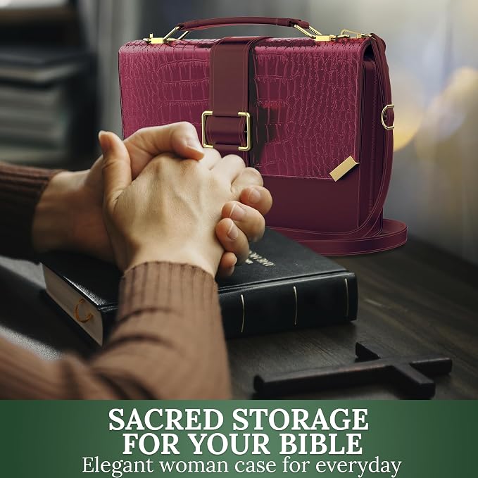 DEHITE Bible Cover Case for Women – Bible Carrying Bag for Women – Croco Burgundy Large Purse Case – Fits Book 9.8x7.4 x1.9 in – Pen Slots – Zippered Pocket – Shoulder Strap – Premium PU Leather