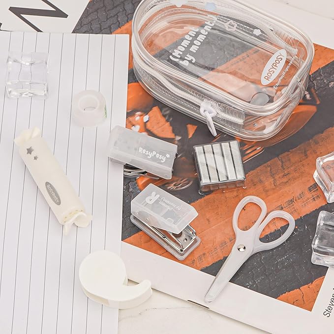 7-Piece Clear Desk Organizer Set - with Stapler, Hole Punch, Tape Dispenser, Scissors & Highlighters, Transparent Office Supplies Kit for Home Office, School & Workspace