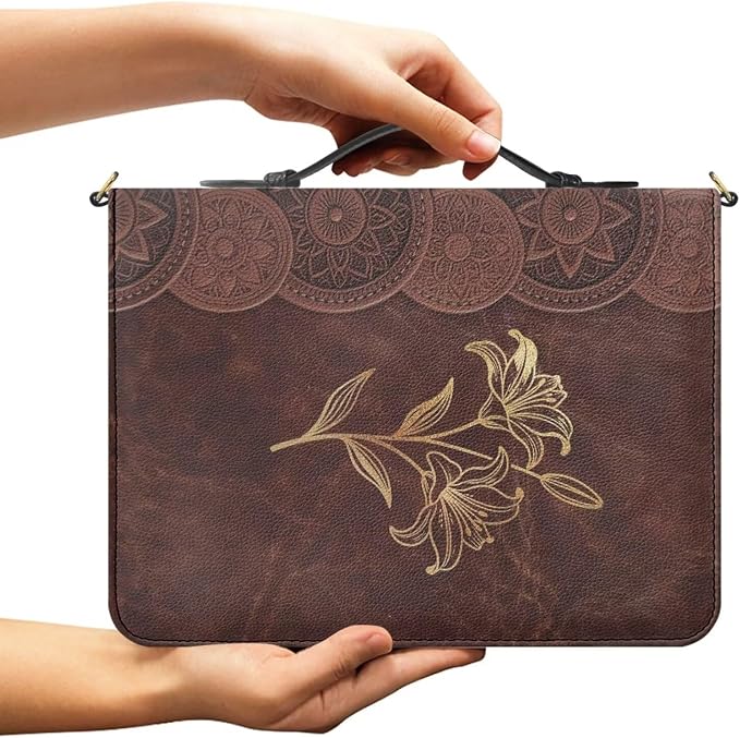 Bible Bag for Girls Gold Line Lily Pattern with Shoulder Strap M | Bible Cover with Strap and Handle,PU Leather Bible Protecto, Inner Pockets and Pen Loop, Bible Study Supplies for Girls