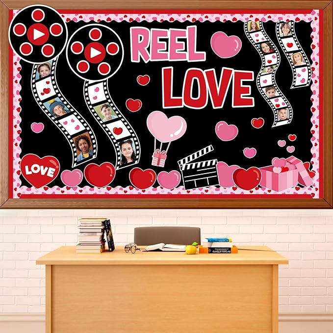 Valentine's Day Bulletin Board Decorations Movie Night Bulletin Board Movie Themed Paper Cutouts Valentines Red Pink Heart Classroom Decor for Wall Chalkboard Decor Supplies