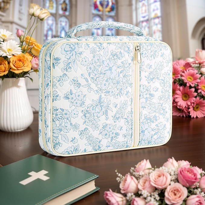 WOBAGMEN Bible Cover Case for Women,Large Bible Tote Bags Organizer Quilted Carrying Case for Girls,Bible Study Supplies Accessories Christian Gifts for Women (Cute Blue Floral, M)