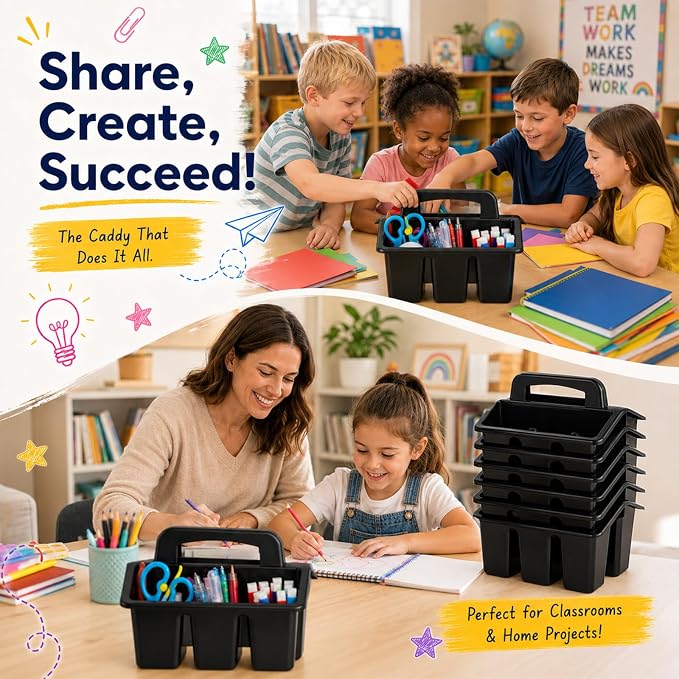 8 Pack Classroom Caddy Storage Basket with Handle 4 Compartment Storage Caddy Plastic Arts Crafts Caddies Protable Classroom Craft Caddies for Kids Schools Art Craft Supplies(Black)