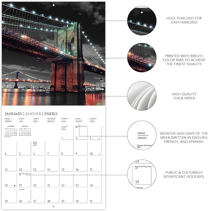 Graphique 2026 New York Glitz Wall Calendar | 12” x 12” | Thick Paper | Home & Office Organizer | Large Monthly Grid | 3 Languages & Marked Holidays | 4 Month Preview Page for 2027