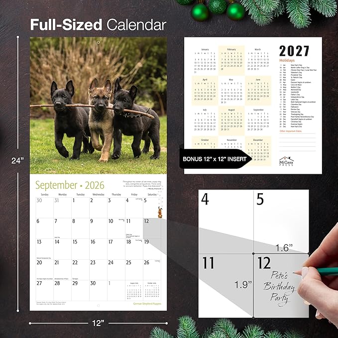 MICASA PRESS German Shepherd Puppies 2026 Wall Calendar 12 Month | 12" x 24" Open | Thick & Sturdy Paper | Giftable | Cute Puppy Dog Calendar 2026