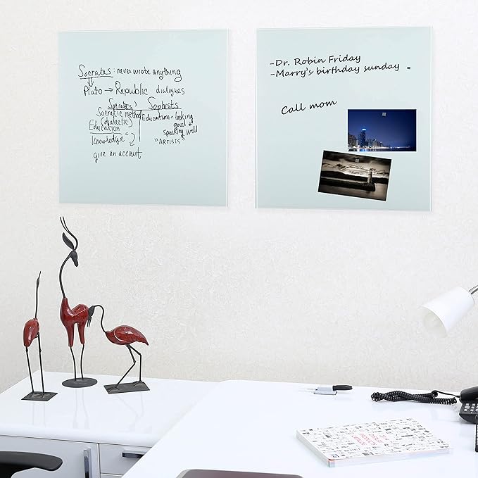 M&T Displays Wall Mounting Tempered Glass Dry Erase Write On Board Set Clear with Whiteboard Marker 4 Magnetic Pins for Office School Home Kids (17.72x17.72 inch)