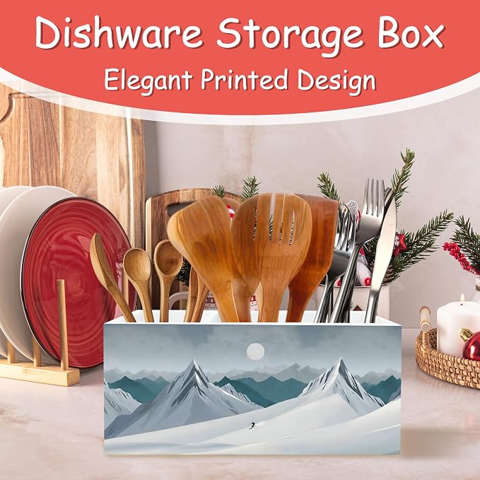 Rustic Winter Wooden Kitchen Utensils Holder, Ski Lovers Gifts, Winter Snowy Mountains Landscape Wood Cooking Utensil Organizer for Countertop Counter Shelf Table Decor Accessories
