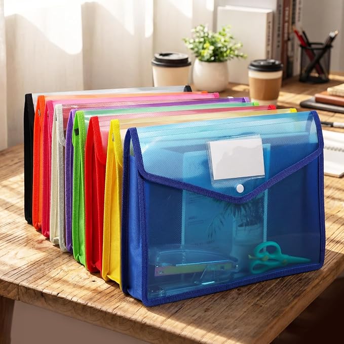 Handepo 50 PCS Plastic Expanding File Folder Bulk - A4 Size Colorful Transparent Large-Capacity Portable Documents Envelopes with Snap Closure for Office, Business, School Supplies - No Dividers