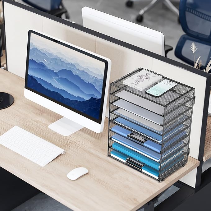 DALTACK 9-Tier Paper Organizer for Desk, Mesh Letter Tray Desk Organizer with Handles, Space-Saving File Organizer for Office Home School, Black 2 Pack