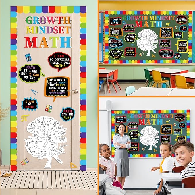 party greeting Math Growth Mindset Bulletin Board Set Maths Classroom Decoration Mathematics Paper Cutout Number Bulletin Board Border for Inspirational School Educational Wall Decor Teacher Supplies