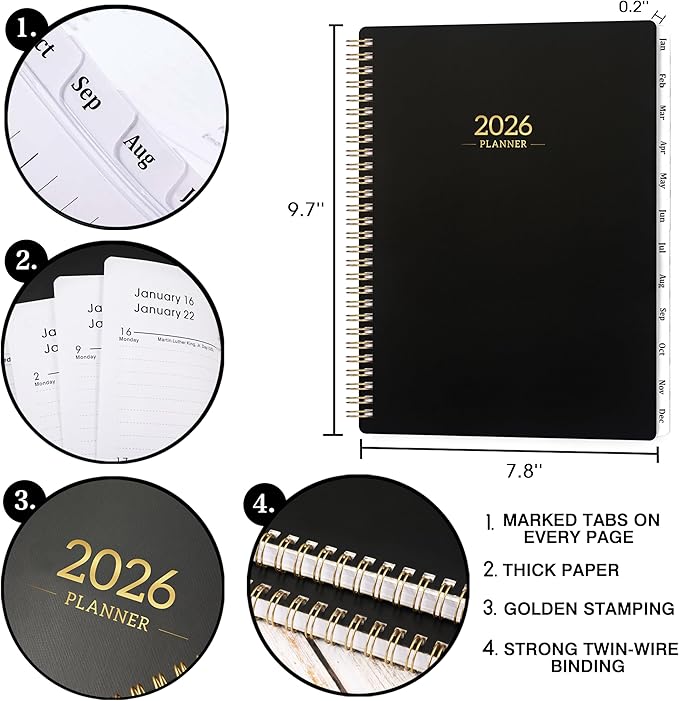 2026 Planner - Calendar/Planner 2026 Weekly and Monthly with Tabs, 8" x 10", Jan. 2026 - Dec. 2026, Flexible Cover + Twin-Wire Binding + Calendars, Daily Organizer - Black