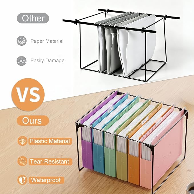 6 Pack Extra Capacity Plastic Hanging File Folders, Heavy Duty 2-Inch Expansion, Reinforced Expanding File Organizer with 1/5-Cut Tabs for Letter Size Documents, Office Desk & Home Storage