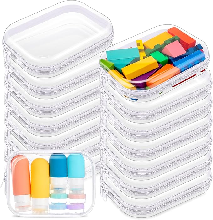 15 Pcs Clear Hard Shell Zipper Case Plastic Bins Transparent Double Zippers Hard Pouch Clear Plastic Storage Box Containers for Building Blocks Cosmetics, Puzzles(7.9 x 5.9 Inches)