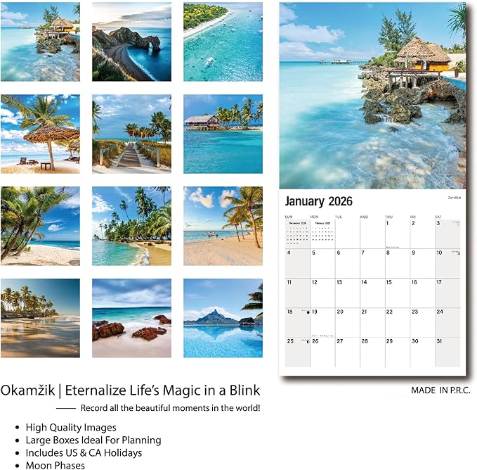 2026 Wall Calendar Planner Calendar - BEACHES Hangable Monthly Wall Calendar with Large Blocks for Organizing & Planning, Academic Schedule, Home, Office & family, Thick & Sturdy Paper (12"x24" Open)