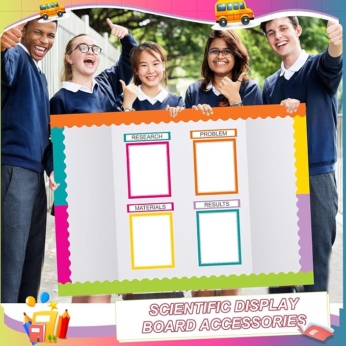 Fuyoooo 90 Pcs Science Fair Board Supplies 60 Trim Scalloped Bulletin Board Borders 24 Presentation Board Subtitles 6 Science Fair Titles for Classroom Display Boards(Colorful)