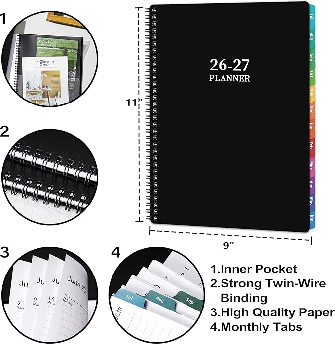 Planner 2026-2027 - Academic Planner 2026-2027, July 2026 - June 2027, 9" x 11", 26-27 Planner Weekly and Monthly, 26-27 Calendar Planners with Colorful Tabs, Pocket - Black