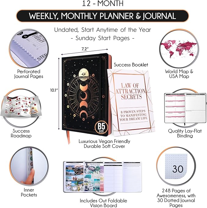 Deluxe Weekly and Monthly Planner | Law of Attraction Planner with Productivity App | 12-Month for Productivity, Gratitude & Goal Setting | Includes Foldable Vision Board, Gift Box & Stickers