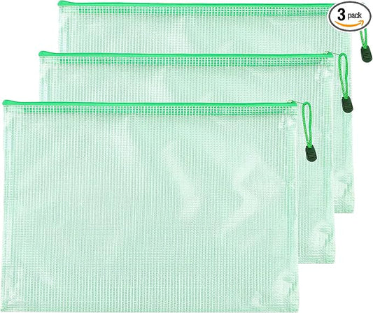 3 Pcs 11.42" x 8.27" B5 Sizes Mesh Zipper Pouch Bags, Mesh Bags with Zipper，Waterproof Clear document pouch for Organization Puzzles Travel, Office, Classroom Organization, B5 Green